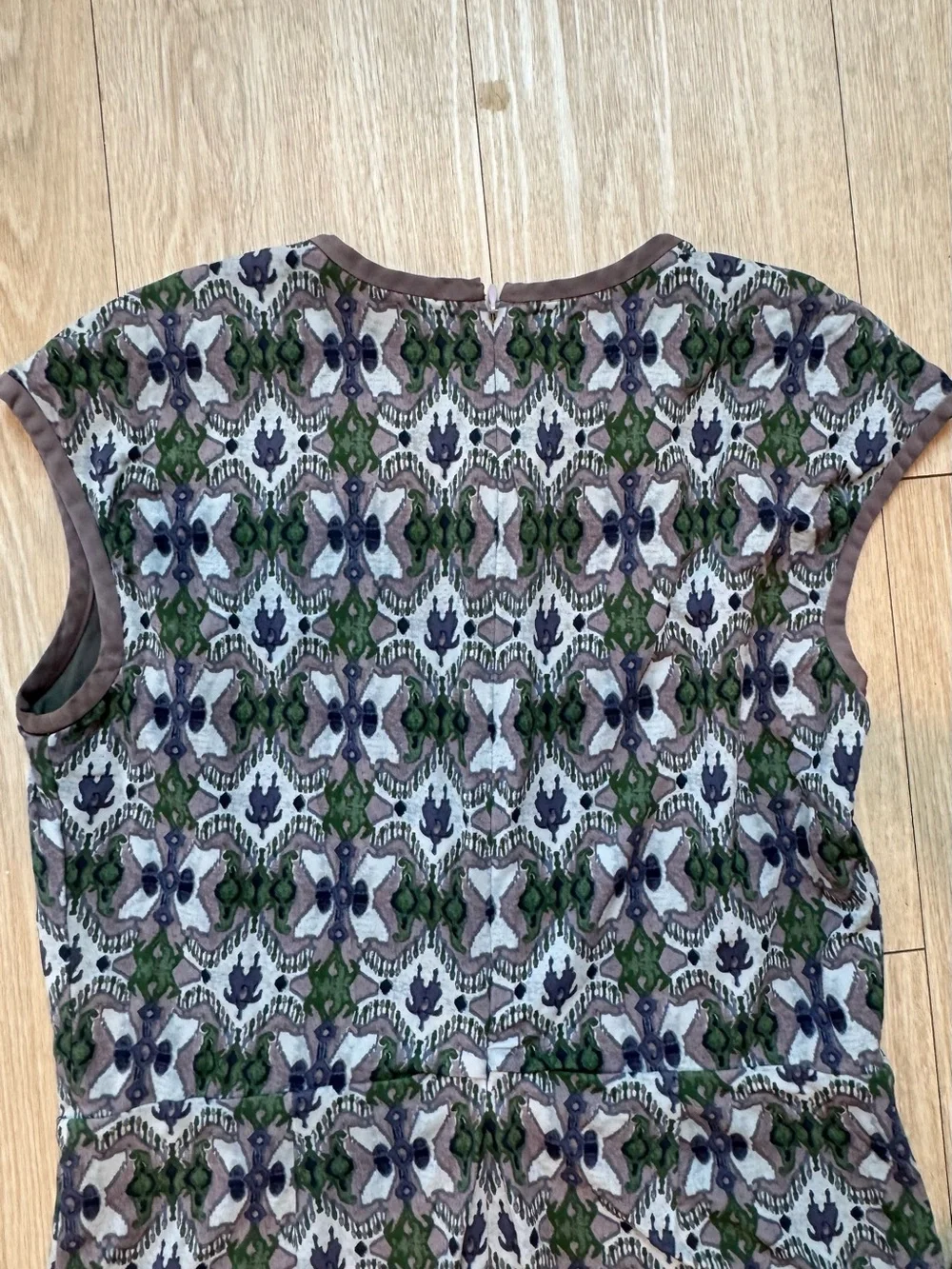 Tory Burch Gray and Green Geometric Cap-Sleeve Midi Dress